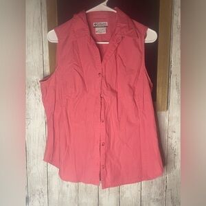 Columbia Sleeveless Top Womens LARGE Coral Button Up Shirt Pockets Fish Outdoors